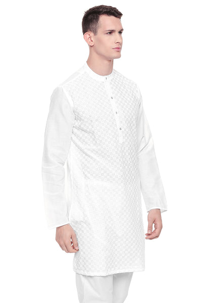 Men's white hand-embroidered cotton knee-length kurta, alternate front view.