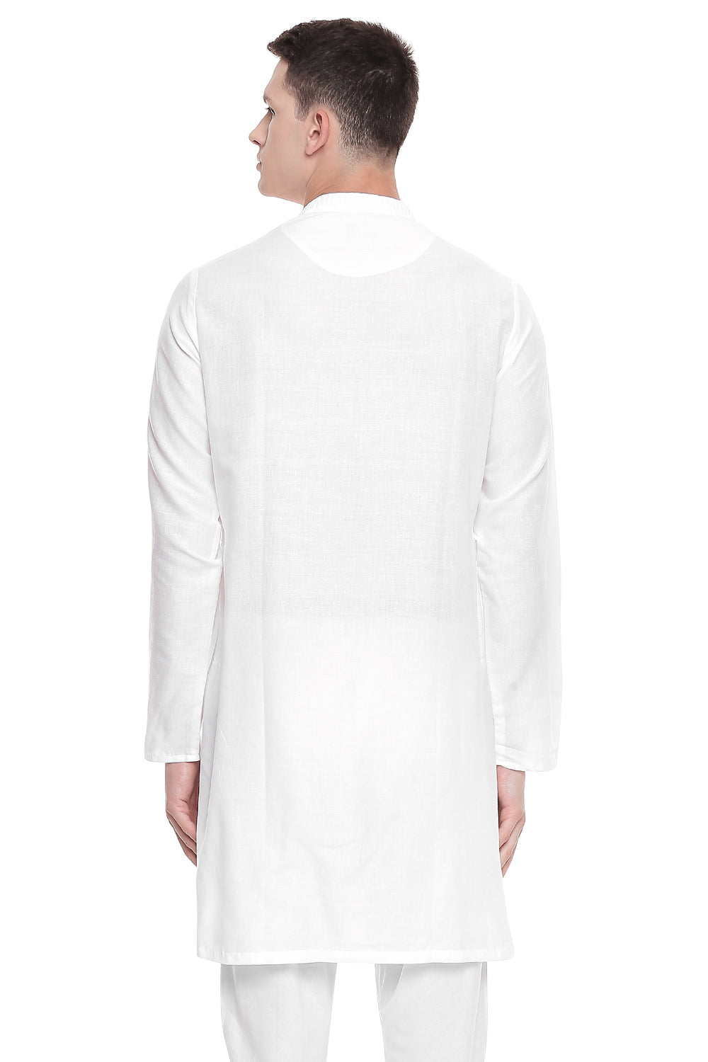 Men's white hand-embroidered cotton knee-length kurta, alternate side view.