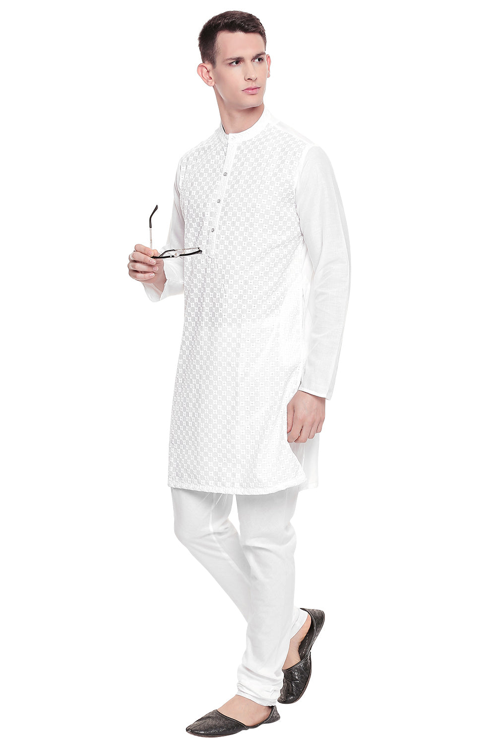 Men's white hand-embroidered cotton knee-length kurta, back view.