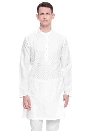 Men's white hand-embroidered cotton knee-length kurta, front view.