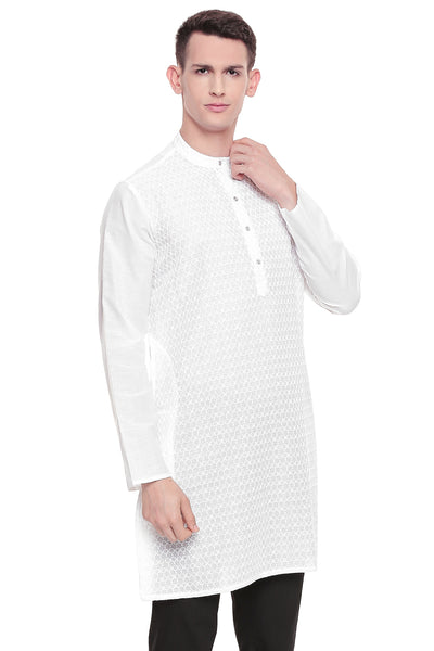 Men's white hand-embroidered cotton knee-length style 2, alternate front view.