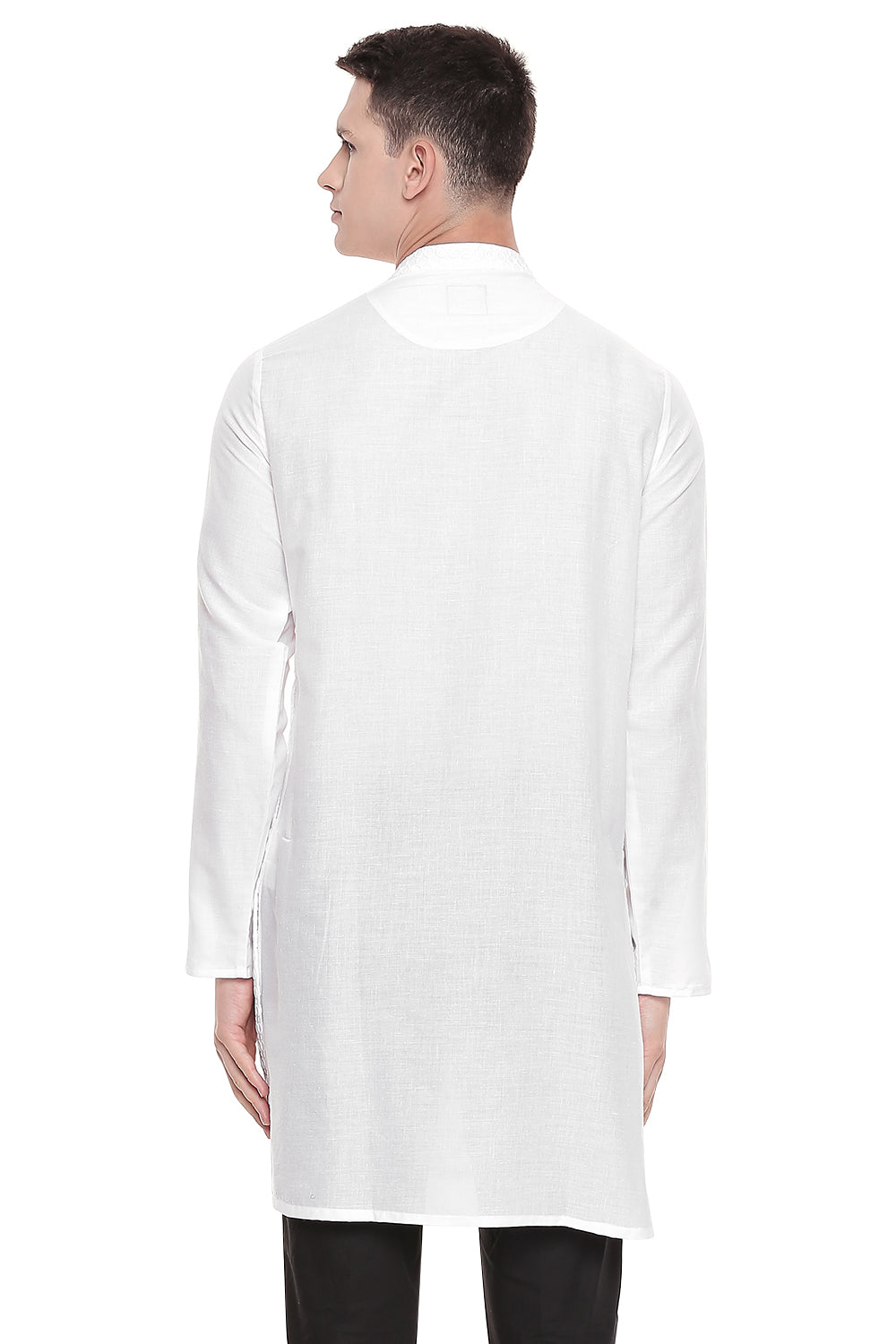 Men's white hand-embroidered cotton knee-length style 2, alternate side view.