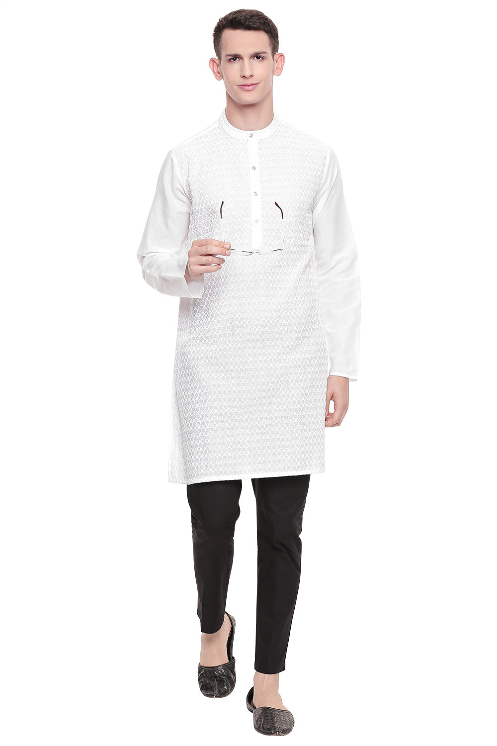 Men's white hand-embroidered cotton knee-length style 2, back view.