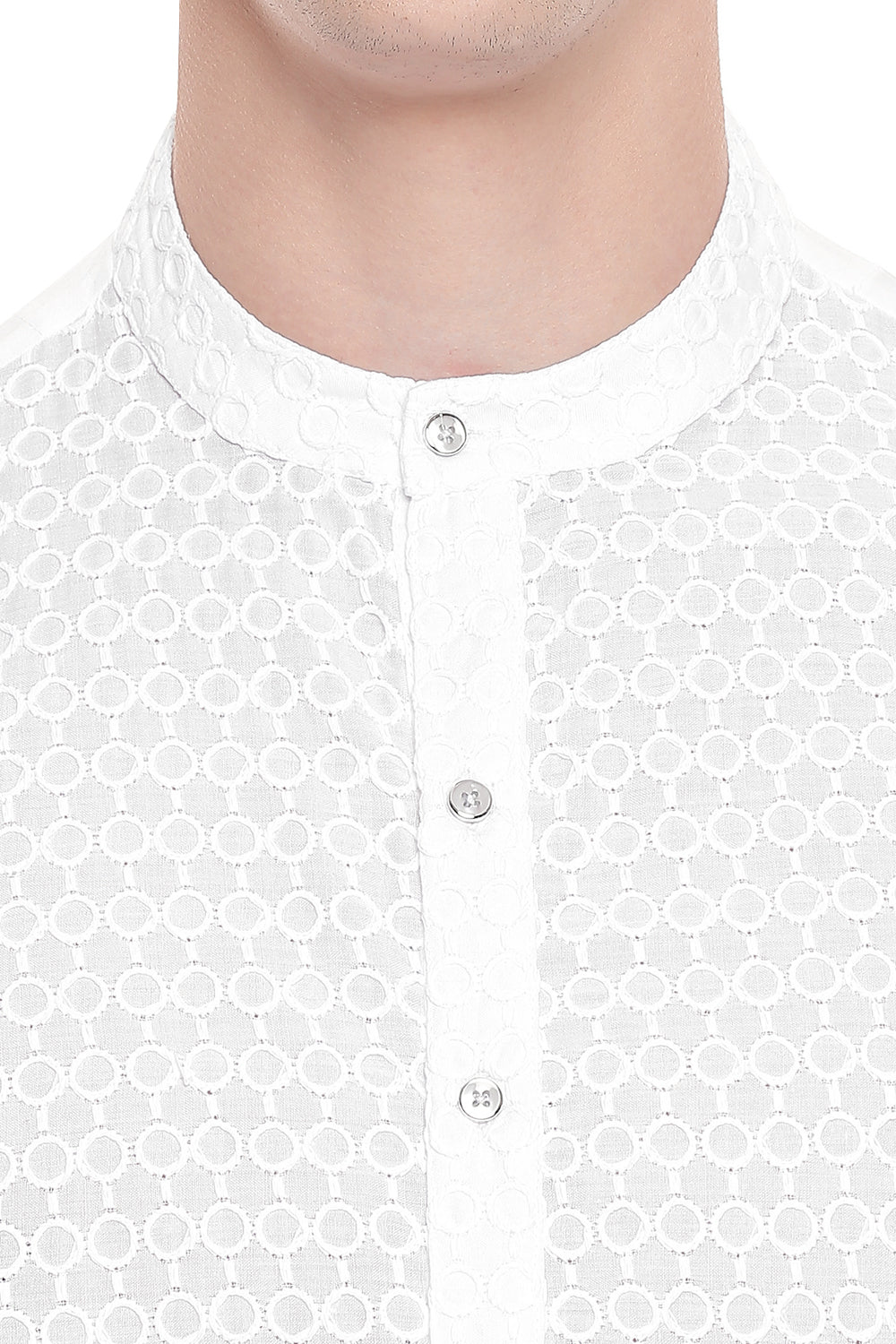 Men's white hand-embroidered cotton knee-length style 2, close-up detail.
