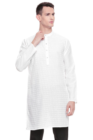 Men's white hand-embroidered cotton knee-length style 2, front view.