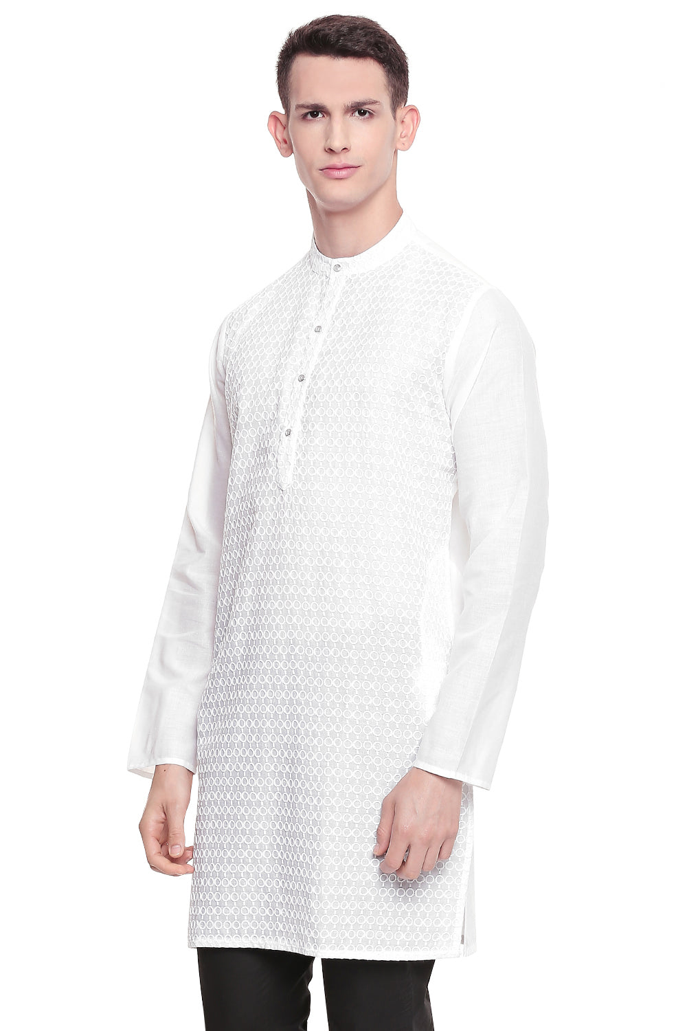 Men's white hand-embroidered cotton knee-length style 2, side view.