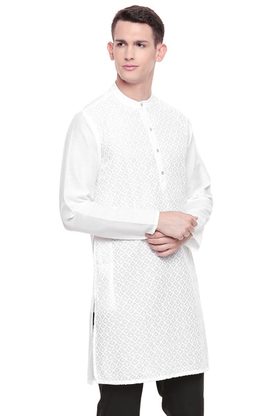 Men's white hand-embroidered cotton knee-length style 3, alternate front view.