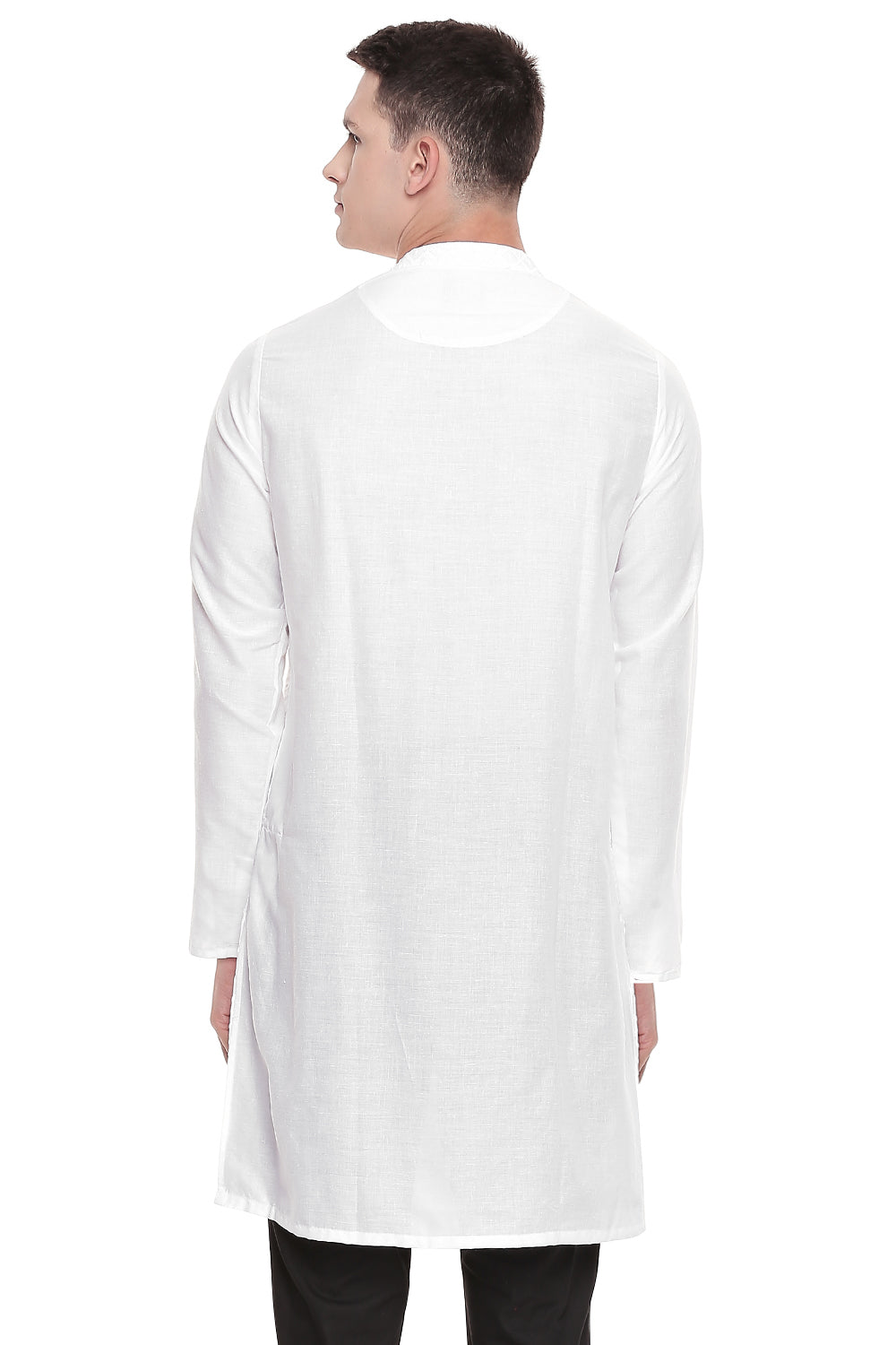 Men's white hand-embroidered cotton knee-length style 3, alternate side view.