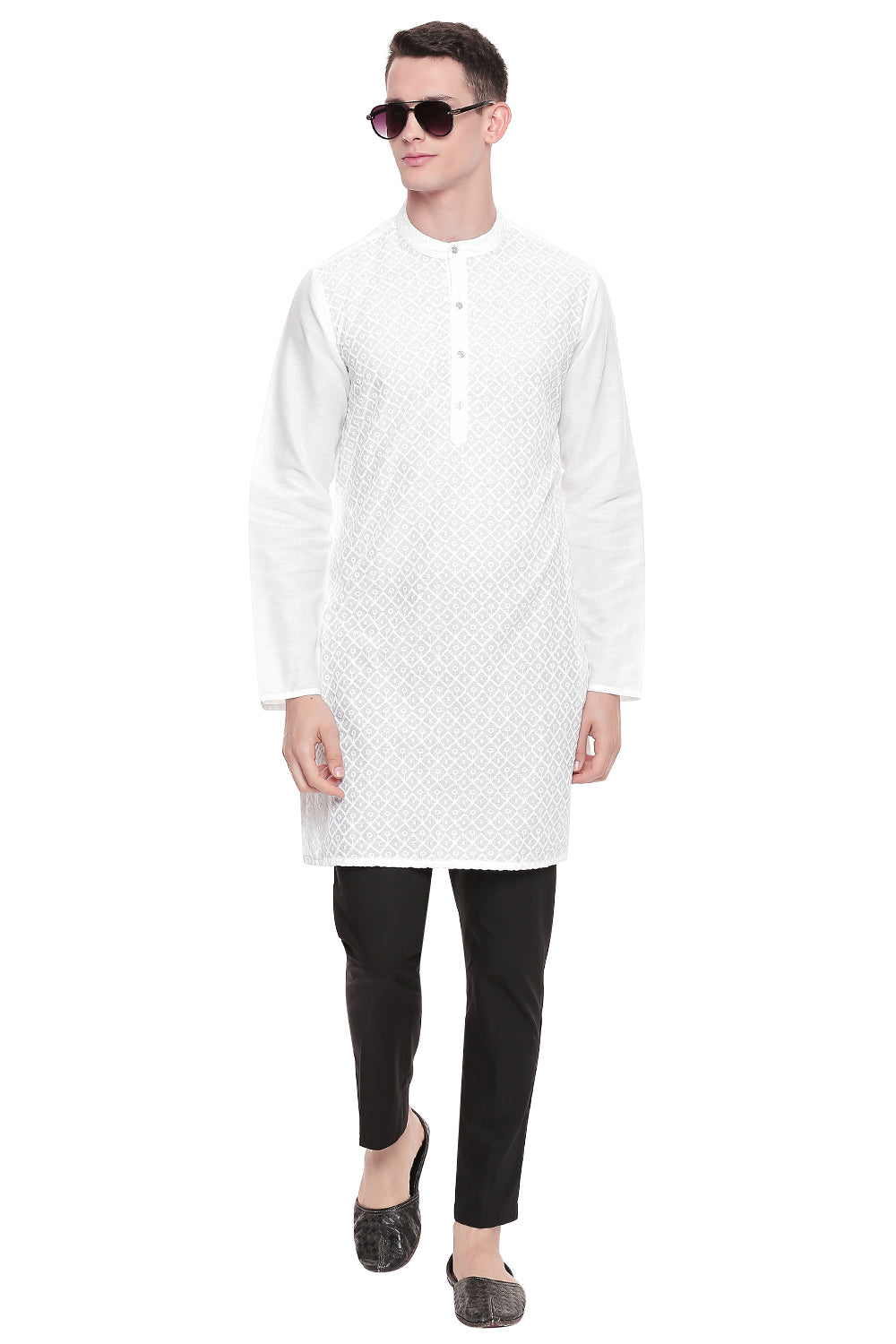 Men's white hand-embroidered cotton knee-length style 3, back view.