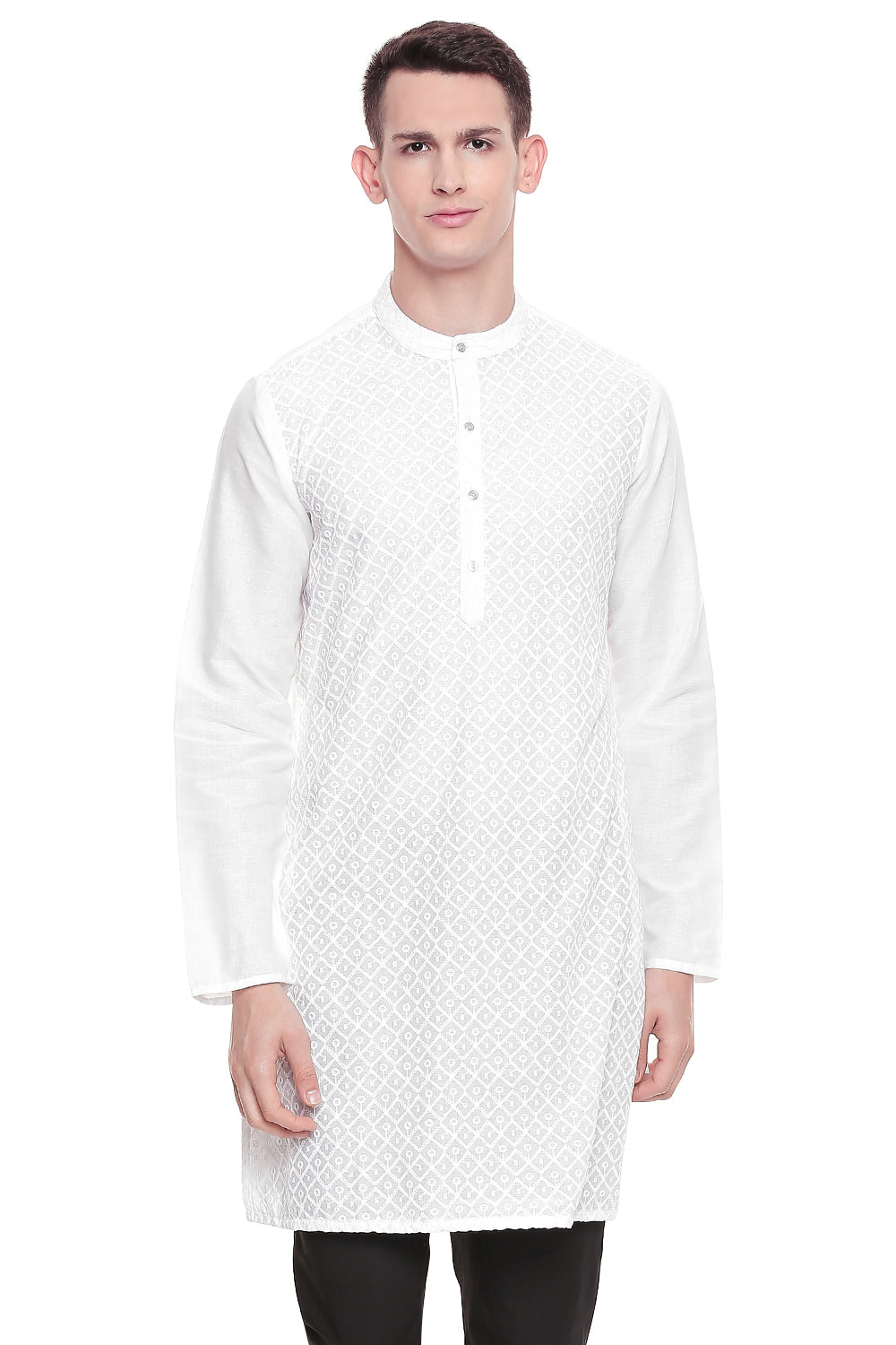 Men's white hand-embroidered cotton knee-length style 3, front view.