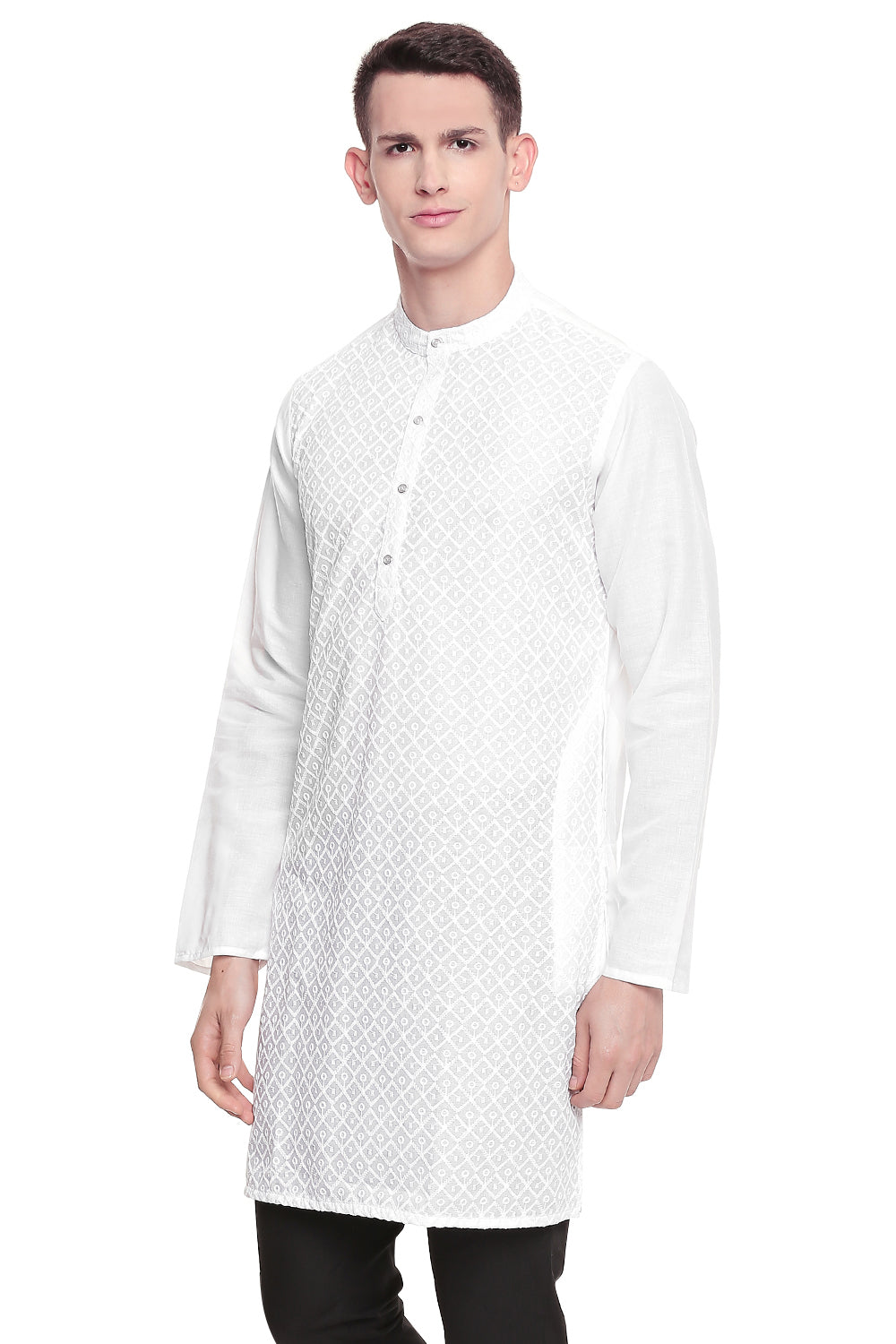 Men's white hand-embroidered cotton knee-length style 3, side view.