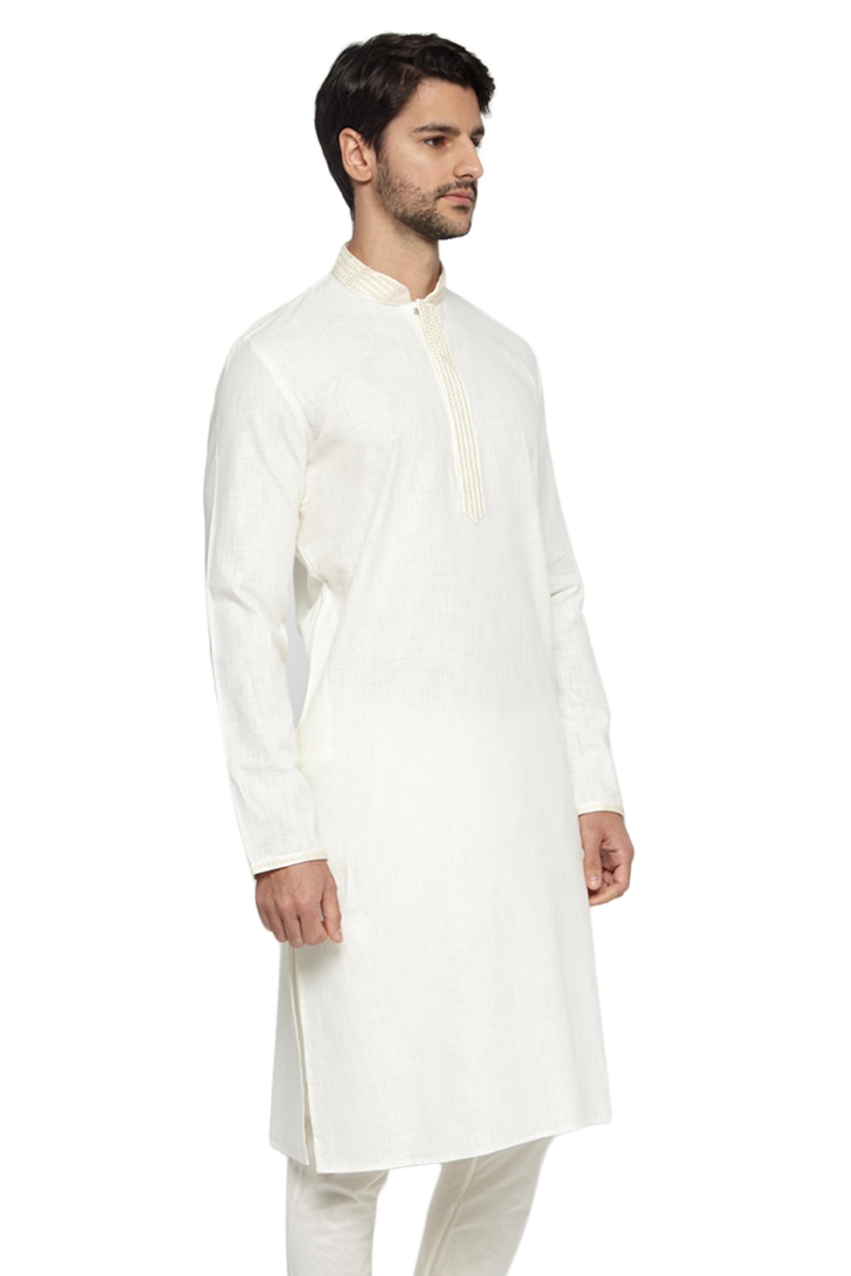 Men's white hand-embroidered knee-length kurta, alternate front view.