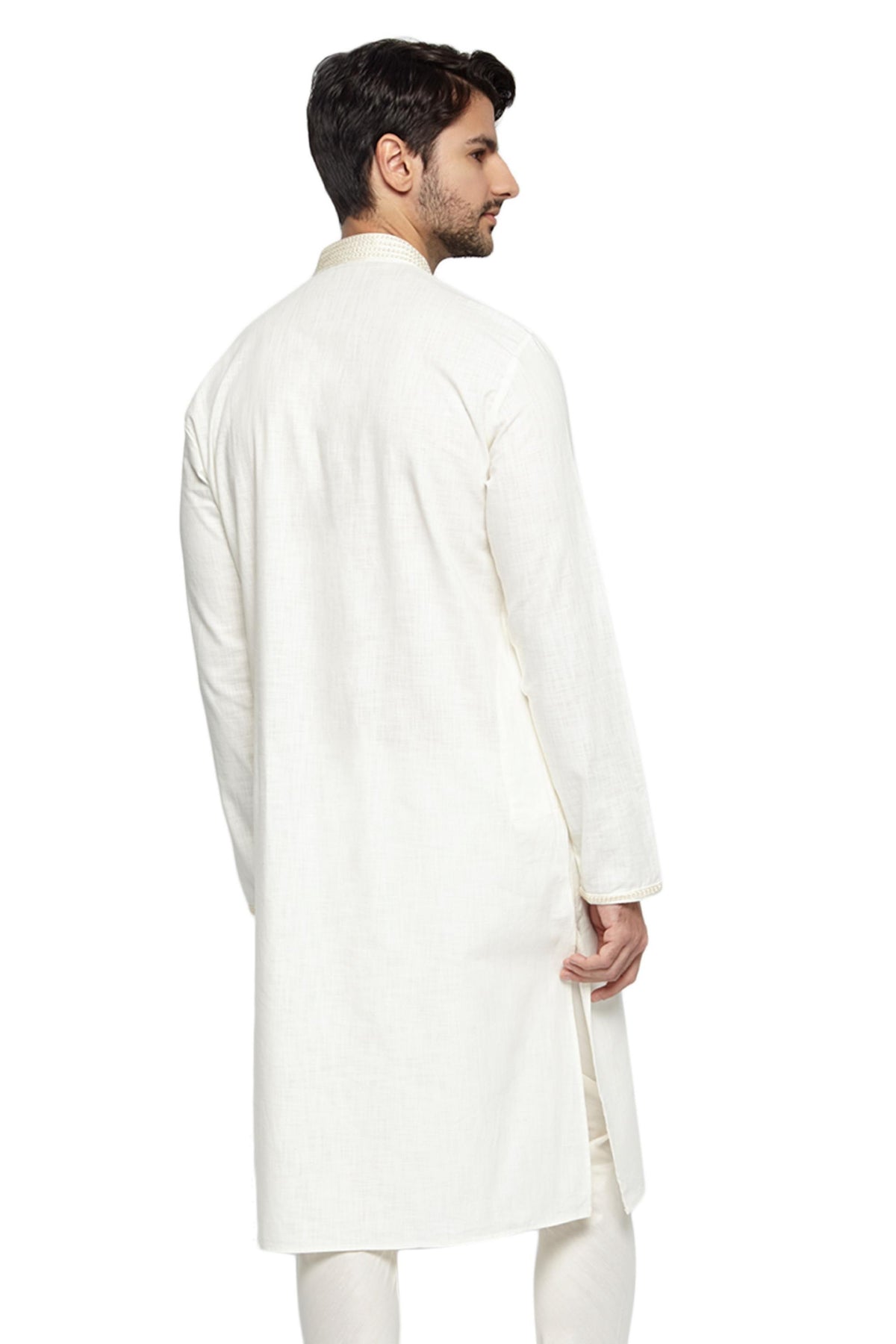Men's white hand-embroidered knee-length kurta, alternate side view.