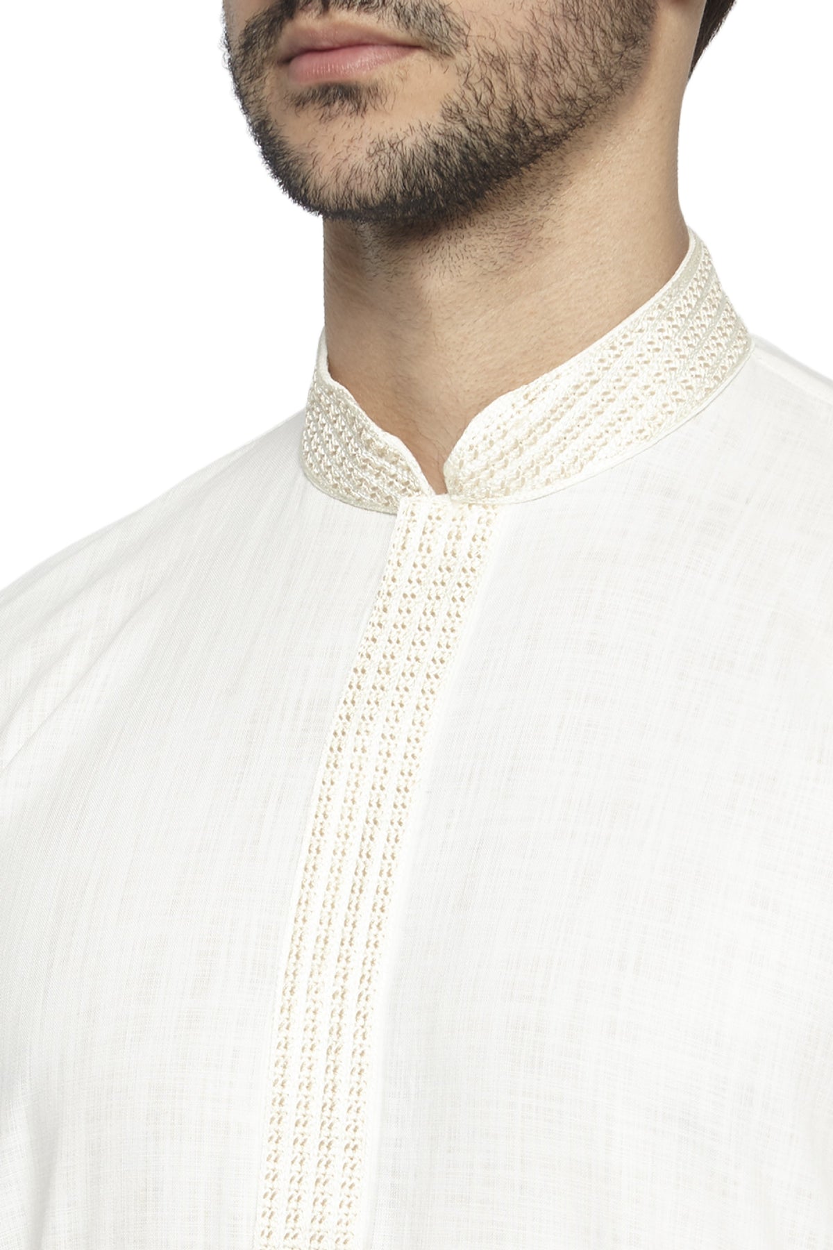 Men's white hand-embroidered knee-length kurta, back view.