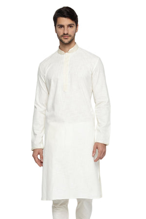Men's white hand-embroidered knee-length kurta, front view.