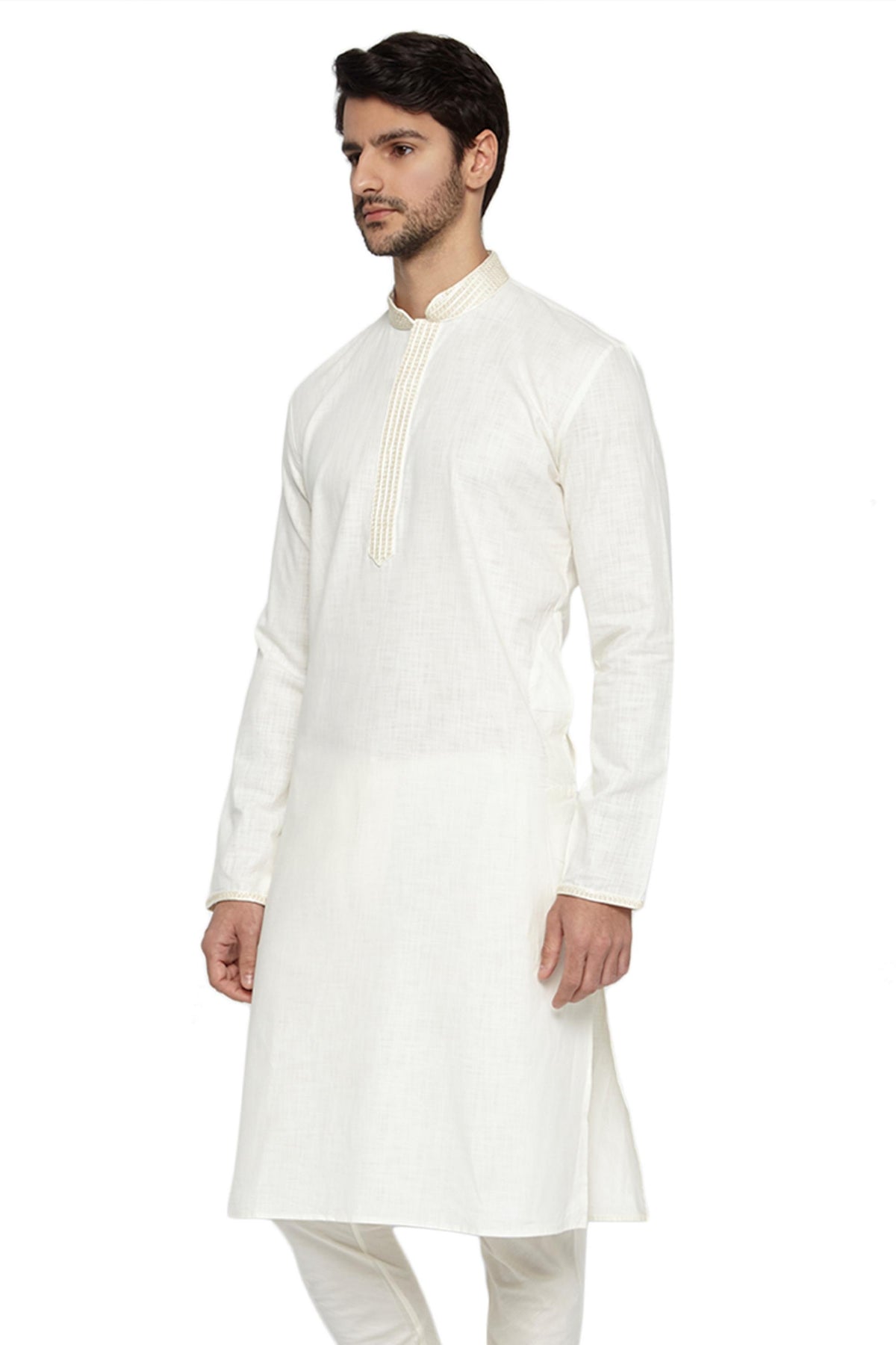 Men's white hand-embroidered knee-length kurta, side view.