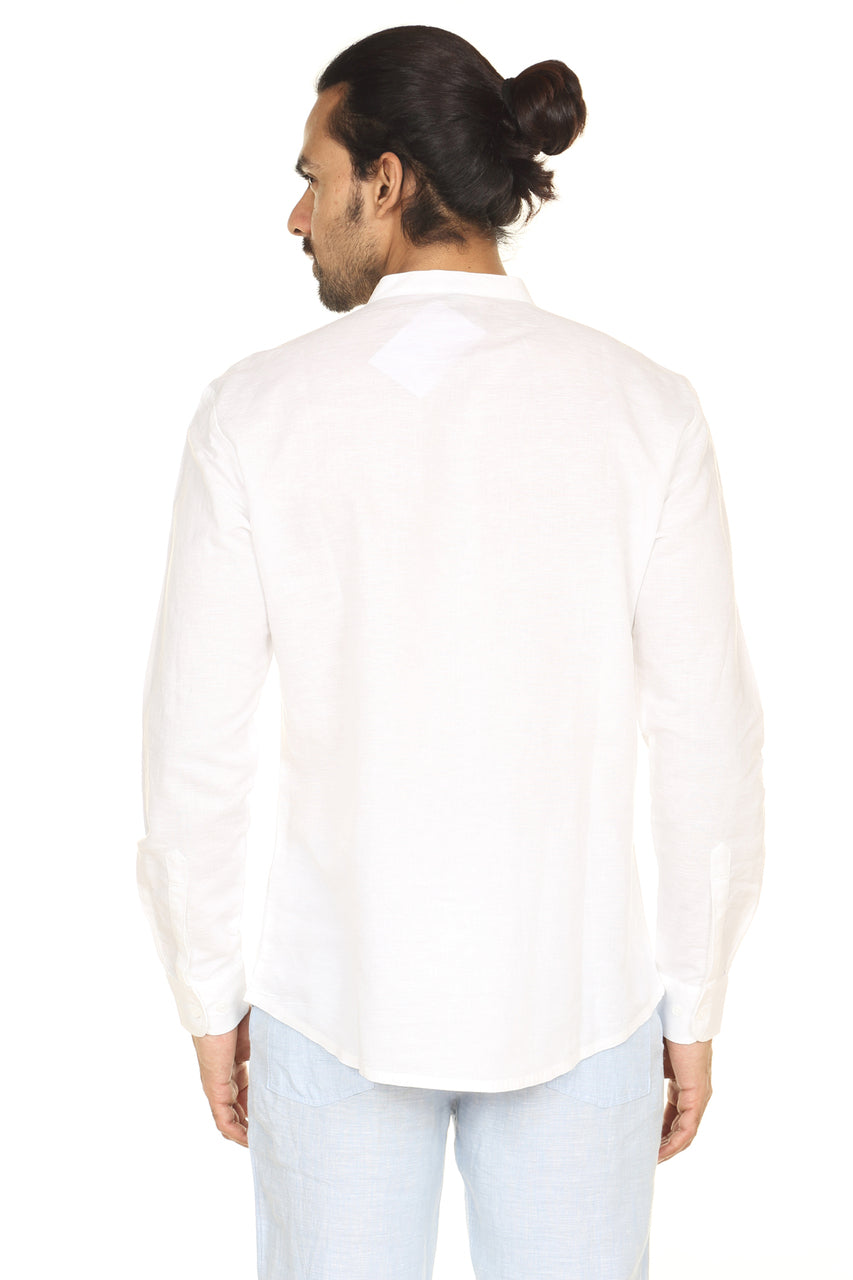 Men's white linen-cotton mandarin collar knee-length kurta, alternate front view.