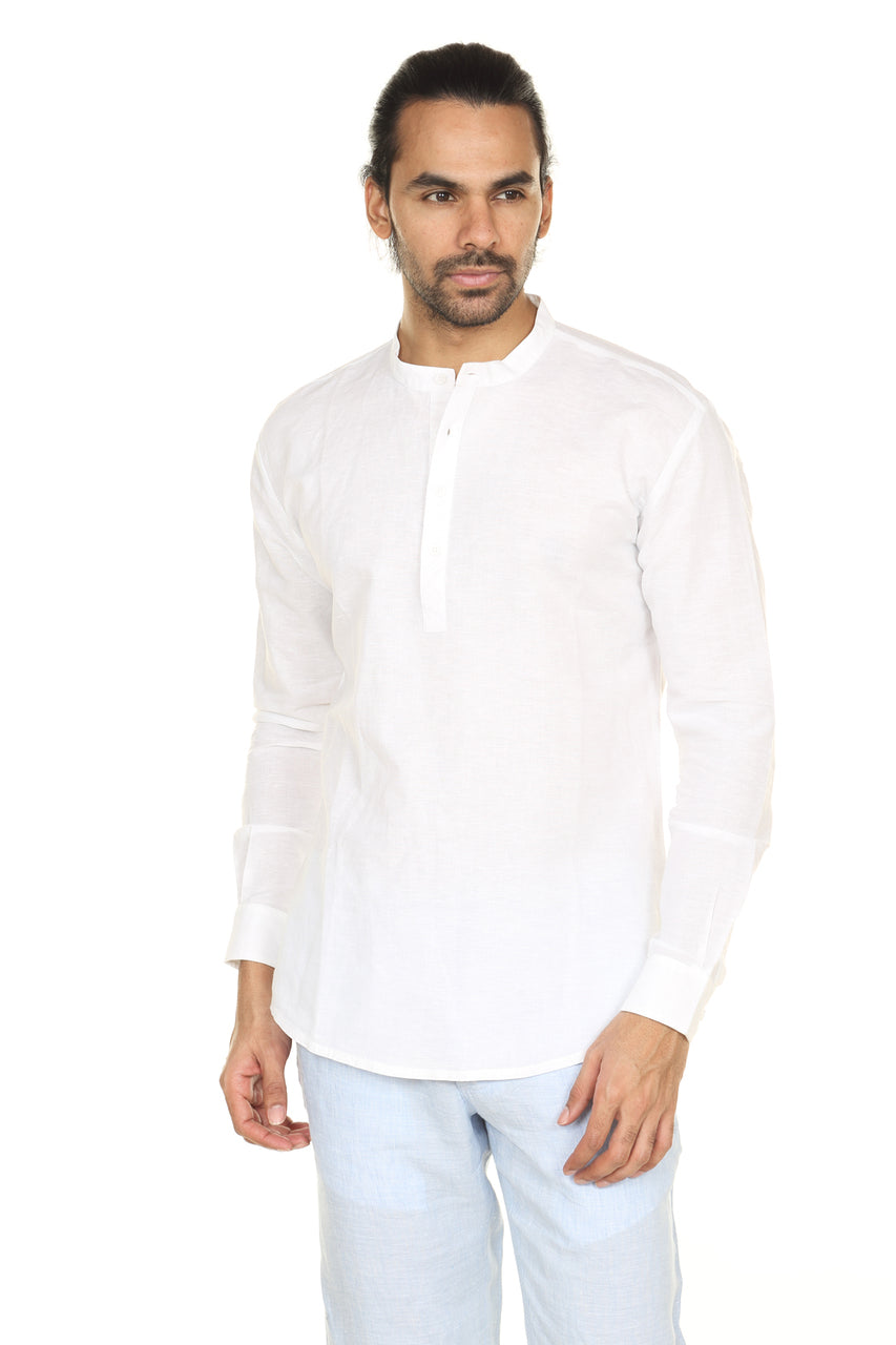 Men's white linen-cotton mandarin collar knee-length kurta, front view.