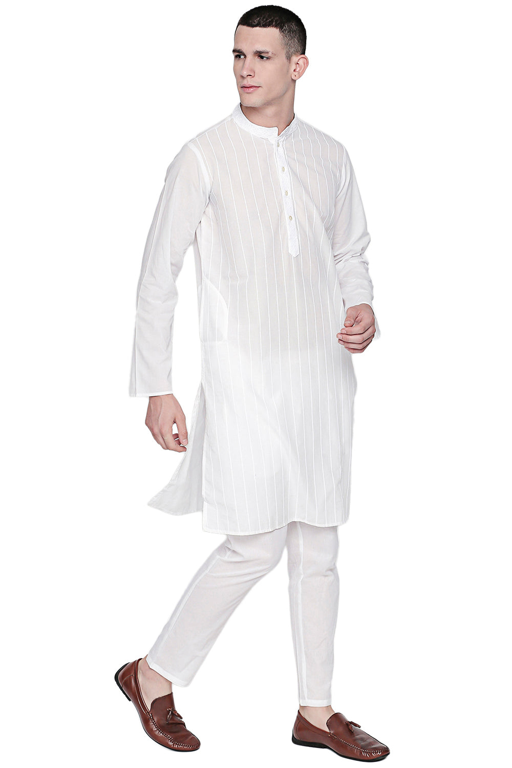 Men's white pin-stripe cotton knee-length kurta, alternate front view.