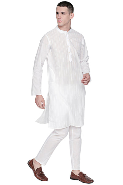 Men's white pin-stripe cotton knee-length kurta, alternate front view.