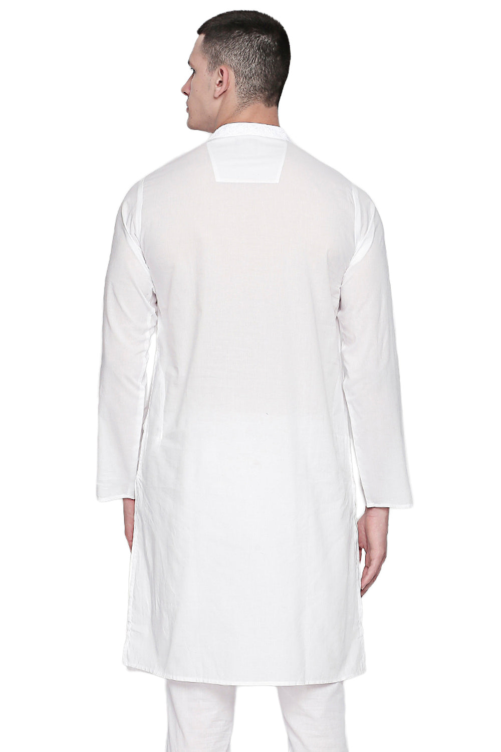 Men's white pin-stripe cotton knee-length kurta, alternate side view.
