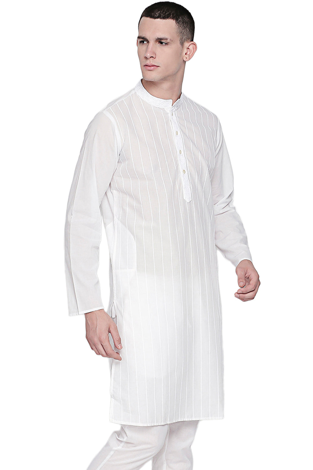 Men's white pin-stripe cotton knee-length kurta, back view.