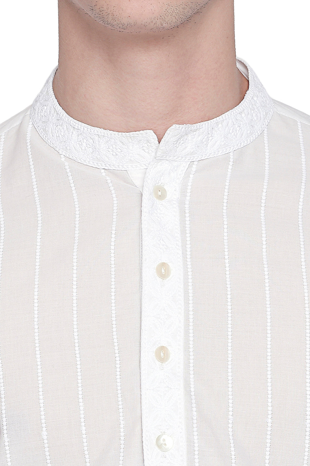Men's white pin-stripe cotton knee-length kurta, close-up detail.