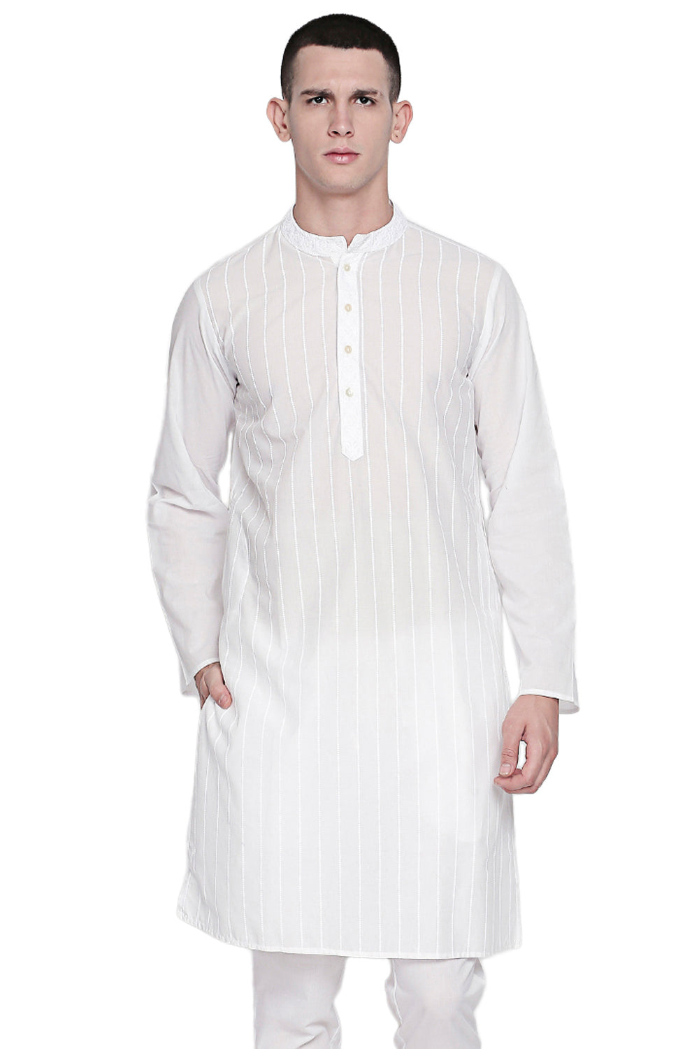Men's white pin-stripe cotton knee-length kurta, front view.