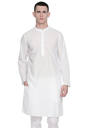 Men's white pin-stripe cotton knee-length kurta, front view.