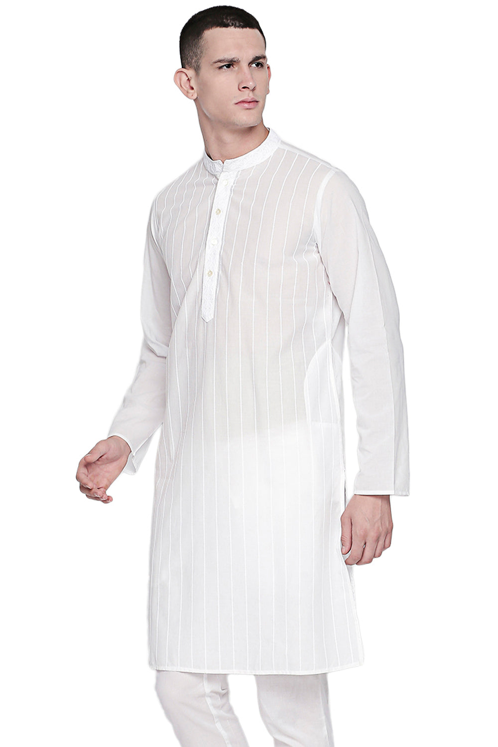 Men's white pin-stripe cotton knee-length kurta, side view.