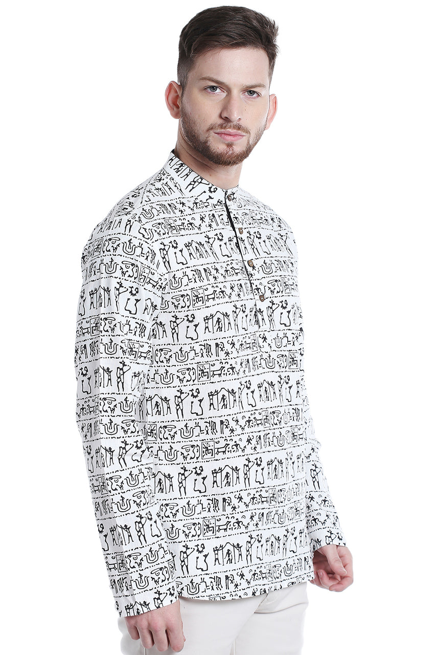 Alternate side view of Shatranj men's white Warli-print cotton hip-length kurta tunic