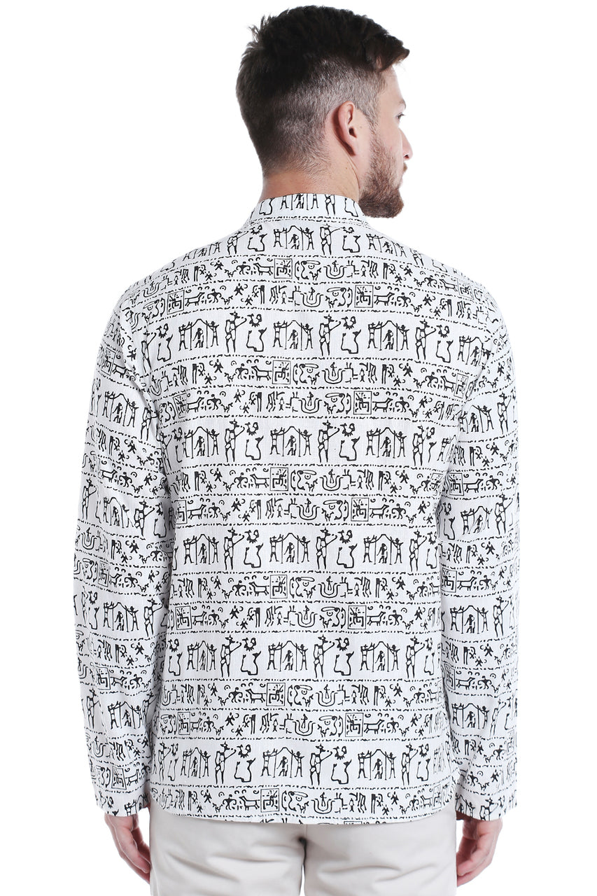 Back view of Shatranj men's white Warli-print cotton hip-length kurta tunic