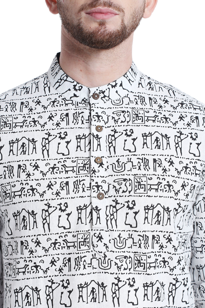 Close-up detail of Shatranj men's white Warli-print cotton hip-length kurta tunic