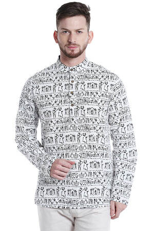 Front view of Shatranj men's white Warli-print cotton hip-length kurta tunic