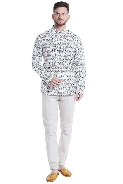 Full front view of Shatranj men's white Warli-print cotton hip-length kurta tunic