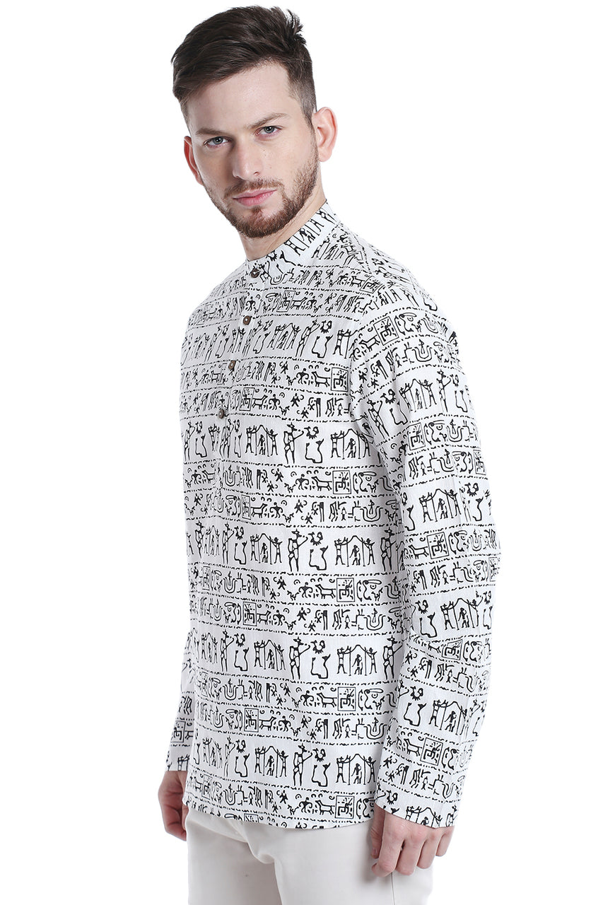 Side view of Shatranj men's white Warli-print cotton hip-length kurta tunic
