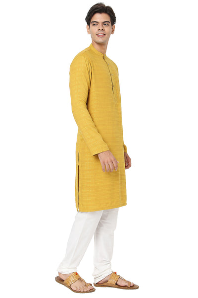Men's yellow embroidered cotton knee-length kurta, alternate front view.