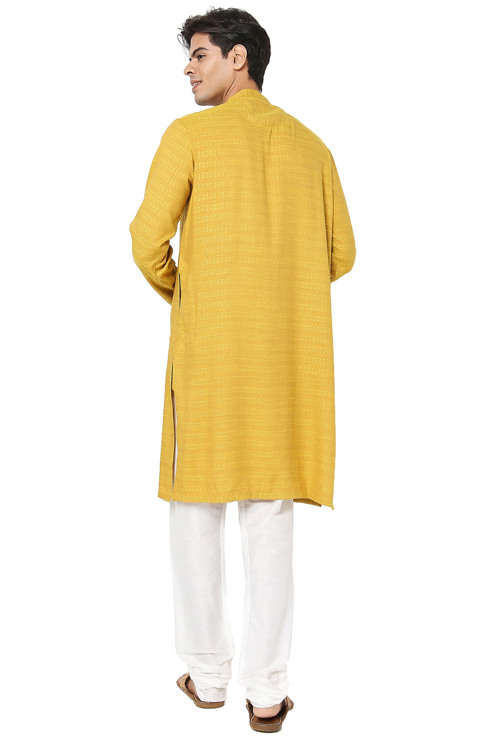 Men's yellow embroidered cotton knee-length kurta, alternate side view.