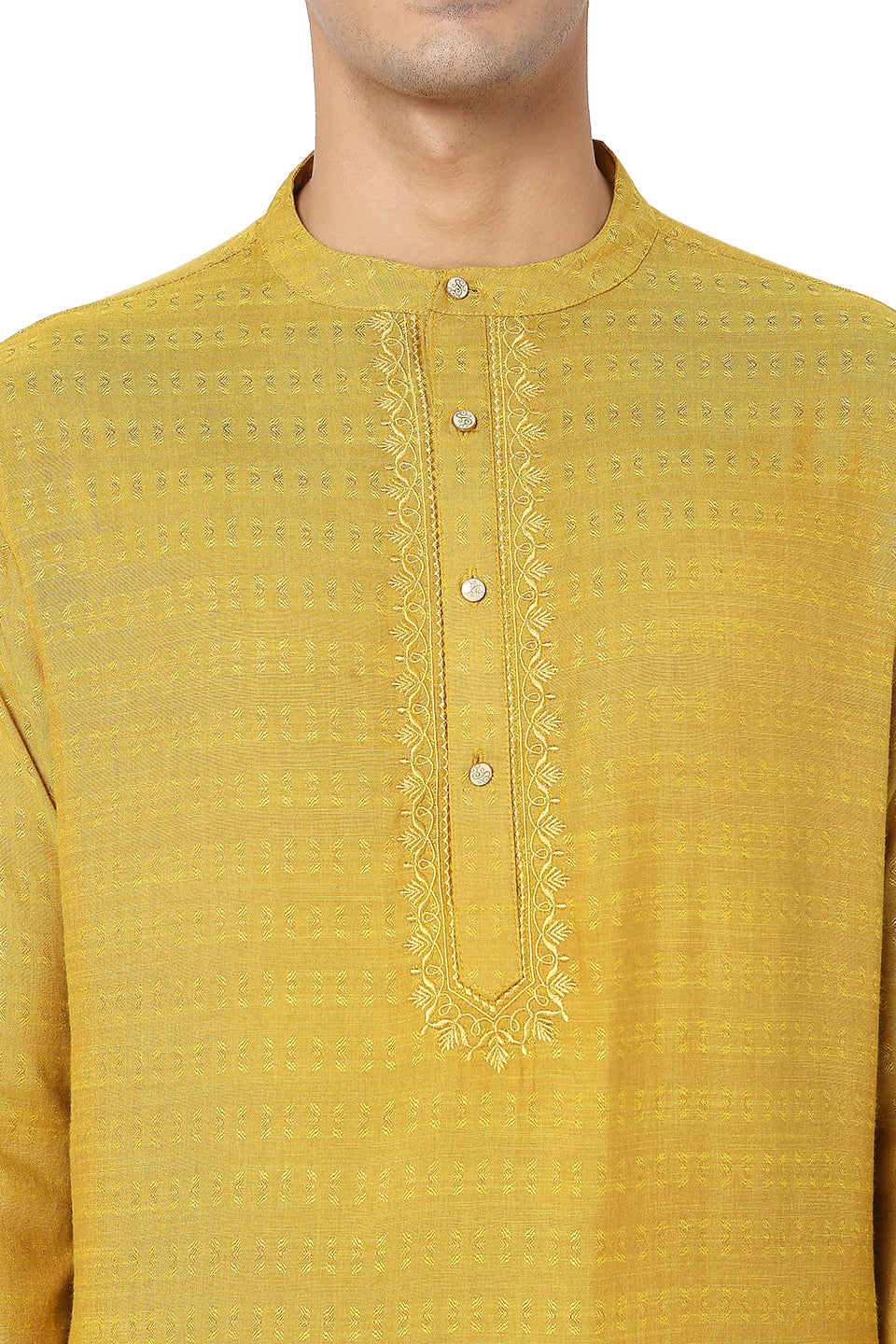 Men's yellow embroidered cotton knee-length kurta, back view.