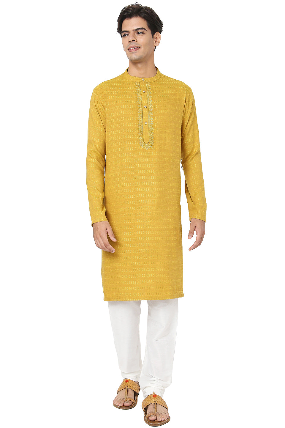 Men's yellow embroidered cotton knee-length kurta, close-up detail.