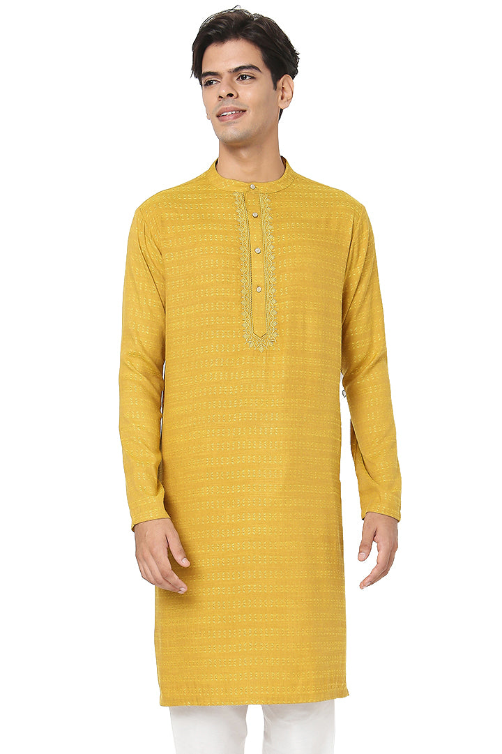 Men's yellow embroidered cotton knee-length kurta, front view.