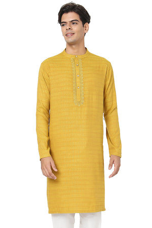 Men's yellow embroidered cotton knee-length kurta, front view.
