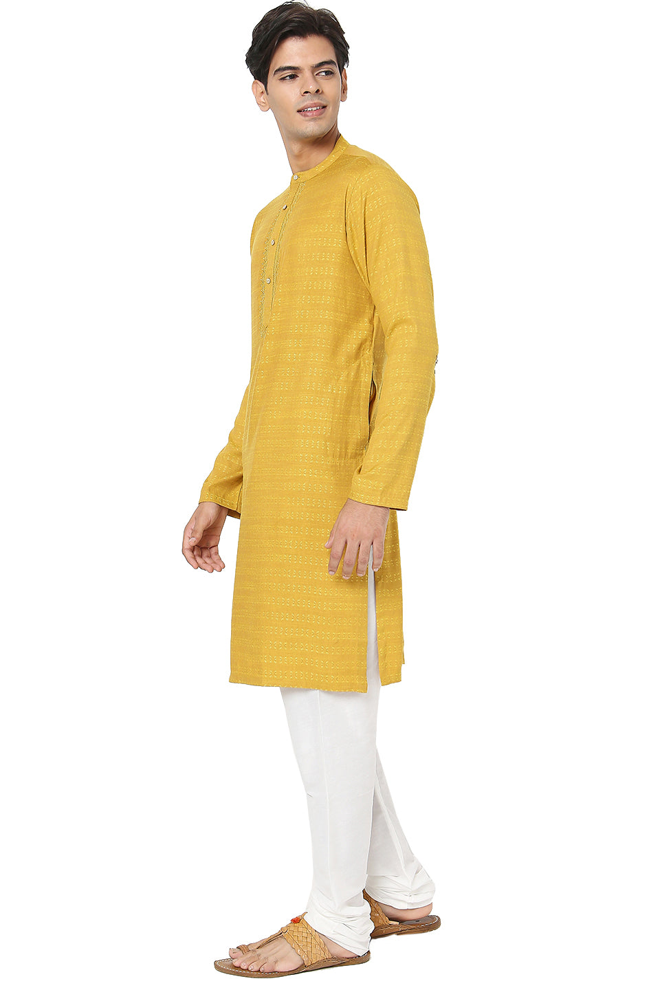 Men's yellow embroidered cotton knee-length kurta, side view.