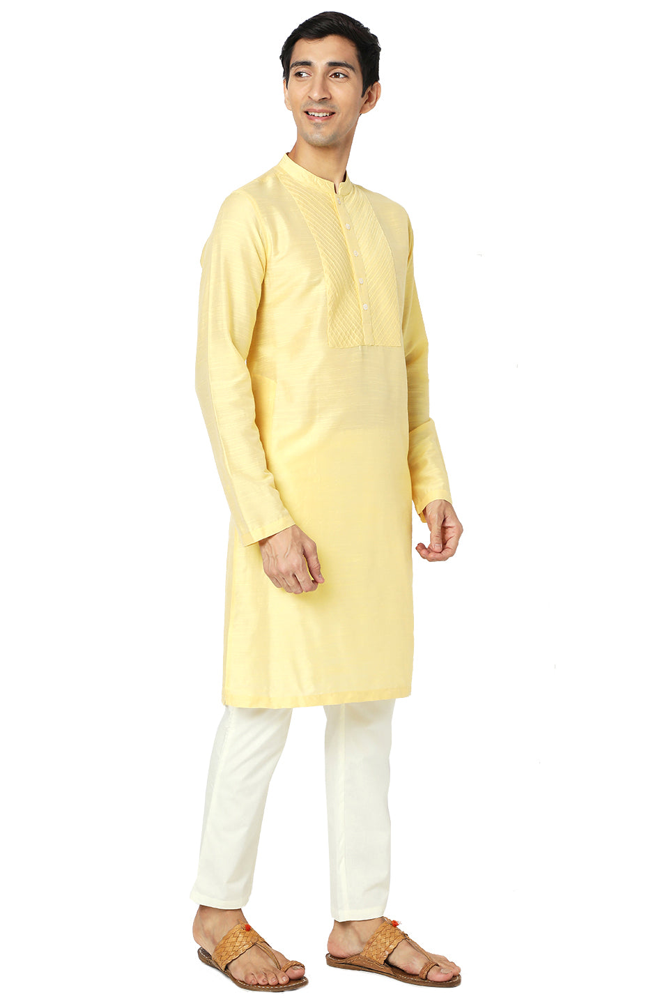 Men's yellow embroidered cotton knee-length kurta style 2, alternate front view.