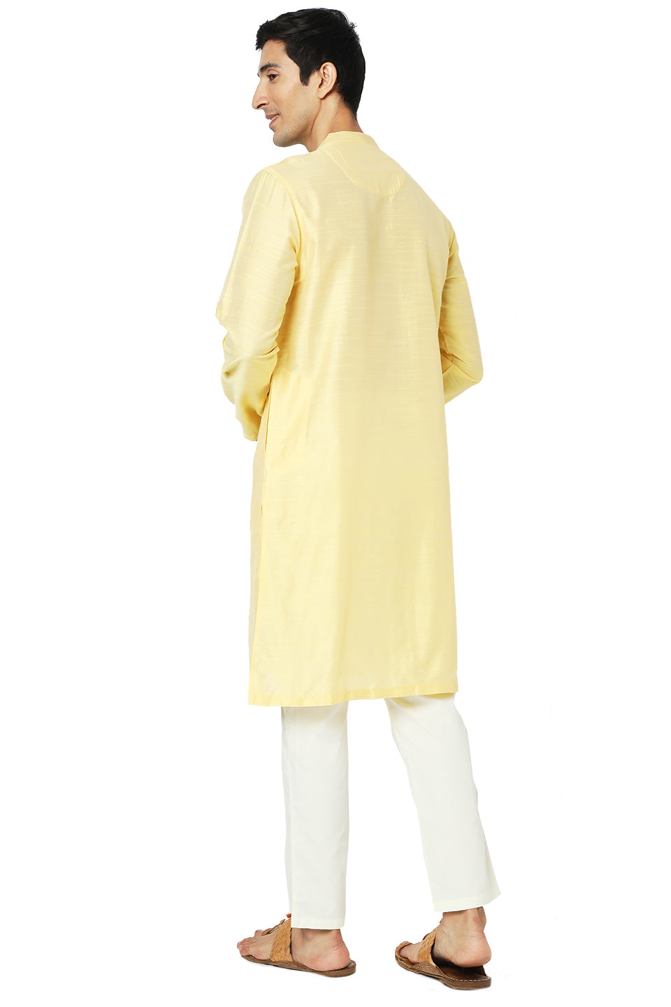 Men's yellow embroidered cotton knee-length kurta style 2, alternate side view.