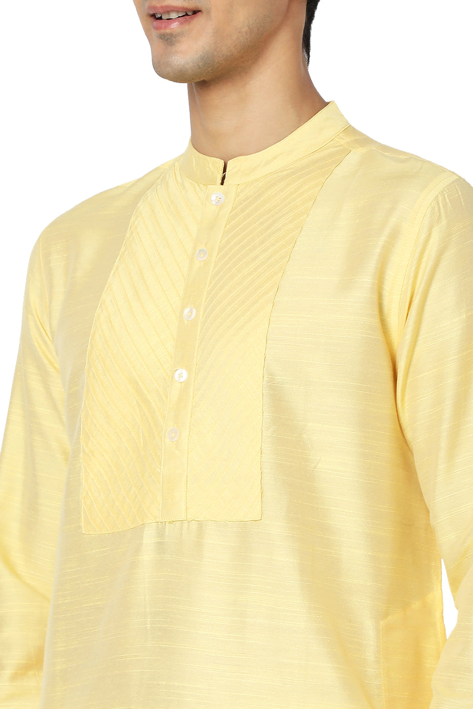 Men's yellow embroidered cotton knee-length kurta style 2, back view.