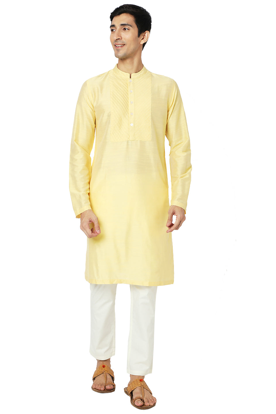 Men's yellow embroidered cotton knee-length kurta style 2, close-up detail.