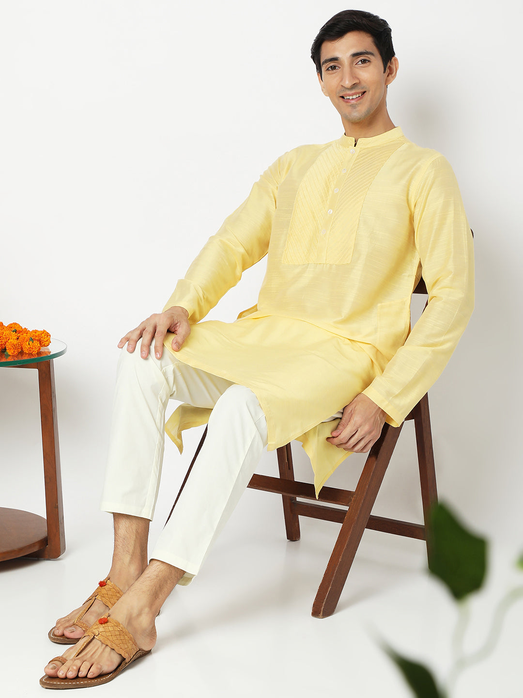 Men's yellow embroidered cotton knee-length kurta style 2, collar and neckline detail.