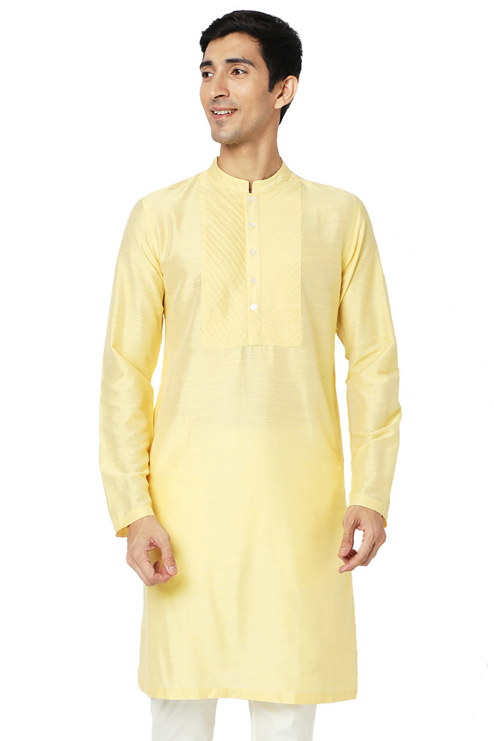 Men's yellow embroidered cotton knee-length kurta style 2, front view.
