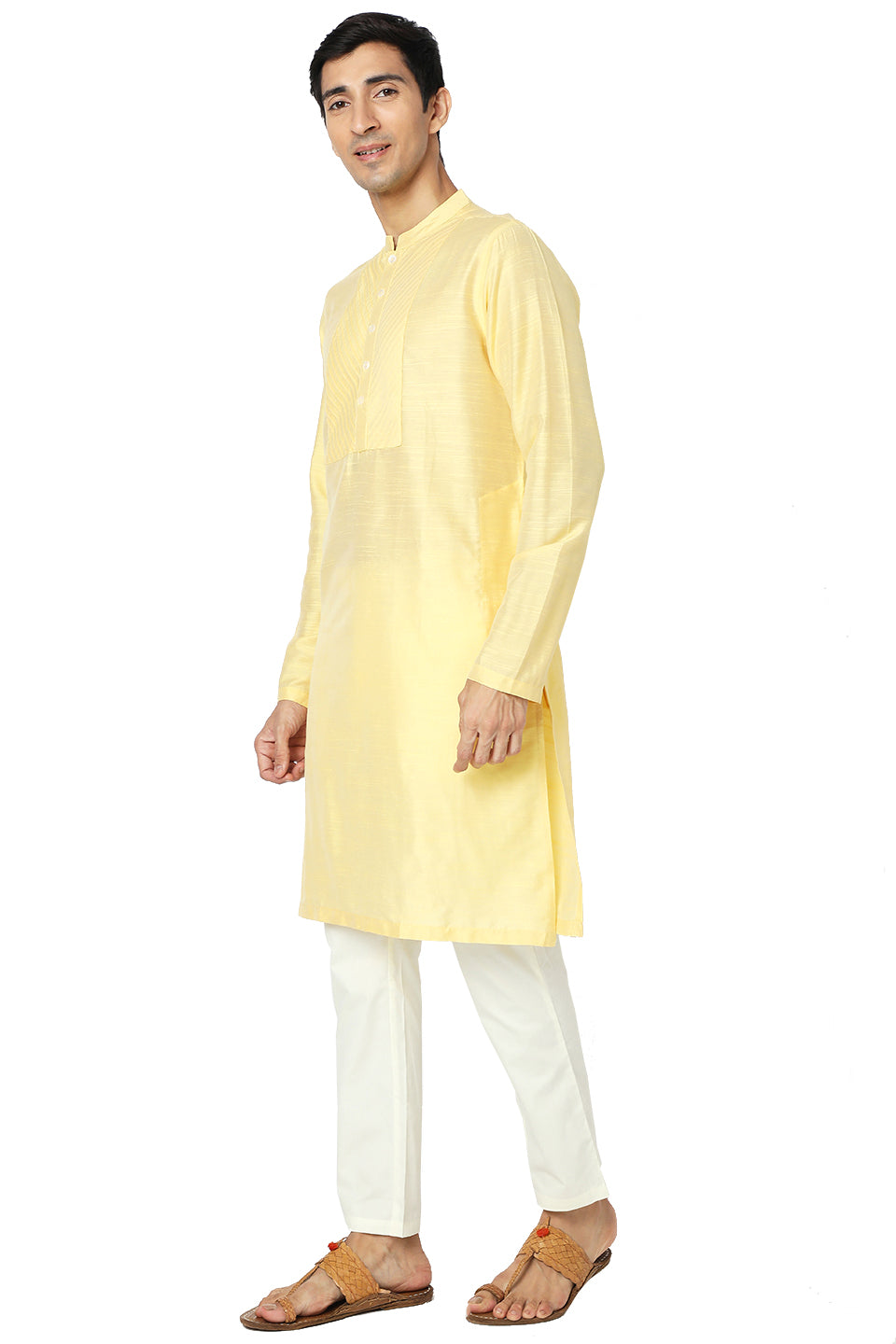Men's yellow embroidered cotton knee-length kurta style 2, side view.